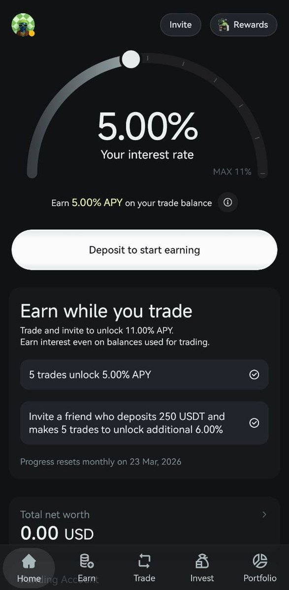 Karyn_web3's tweet photo. Grvt 2.5 is live and after testing the mobile app, the biggest thing that stood out to me is how simple the capital flow has become.

Deposit → Earn → Trade in one balance

I attached my original screenshot from the Grvt mobile app UI below.

Normally when trading, capital gets fragmented. Some funds sit idle as margin, some are moved to DeFi to earn yield, and managing both at the same time is inefficient.

With Grvt 2.5, that changes.

When I deposit on Grvt, my balance can be used for trading while earning up to 11% at the same time. That means my collateral does not just sit there waiting for a trade. It continues working in the background.

For active traders this significantly improves capital efficiency.

Instead of choosing between yield or liquidity, the same capital can:

• act as trading collateral
• generate yield while positions are open
• remain fully tradable from one unified balance
The execution experience on the app also feels fast. Orders are matched off chain for speed but settlement is verified on chain through zkSync. You still keep full self custody while getting performance similar to centralized exchanges.
Another reason I am paying attention to Grvt is the upcoming partnership with Aave.

Aave is one of the most trusted liquidity protocols in DeFi. Integrating with it strengthens both liquidity and long term trust in the ecosystem. For a platform that aims to unify trading, liquidity, and yield, this is an important step.

Right now there is also a simple way to unlock the full earning tier.

If one friend deposits at least 250 USDT, it activates the $250 referral deposit unlock, allowing accounts to access earning up to 11% while trading.

If you want to try the platform, here is my referral link:

https://t.co/v5g44qCiiv