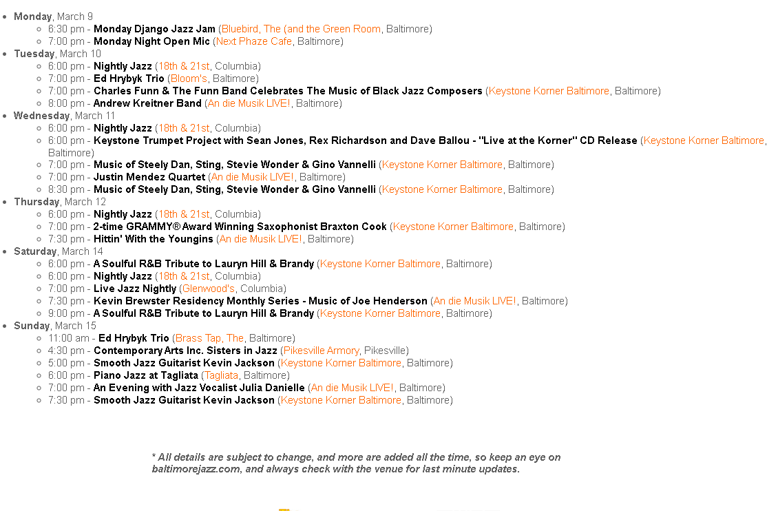 BaltimoreJazz1's tweet photo. Where's the Jazz? Here's what's happening in the Baltimore jazz scene this week - if we're missing something, let us know! Find complete details (or better still, add your own events!) at https://t.co/iQ9ikOvwOC #baltimorejazz #wheresthejazz
Member-supported, volunteer-run, BJA https://t.co/ykFze1uz1E