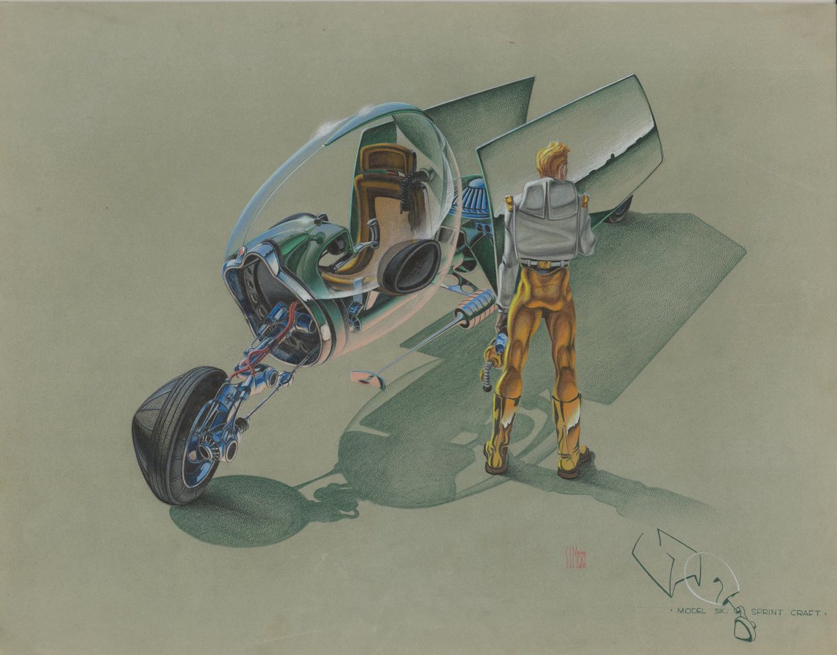 Drawn in 1957 while Syd Mead was a student at ArtCenter College of Design in Los Angeles, this speculative “Sprint Craft” explores a compact personal vehicle that folds to fit inside a standard garage. The project reflects the exuberant design culture of the late 1950s, when