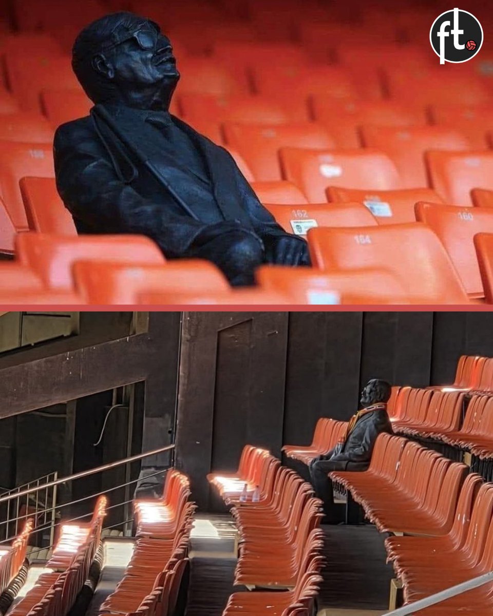 Footballtweet's tweet photo. At Mestalla Stadium, there’s a quiet yet powerful tribute in the stands. 🏟️🧡

A statue of a man sits among the seats — Vicente Navarro Aparicio, a lifelong Valencia season-ticket holder who kept attending every match even after losing his sight to illness, with his son always by his side. 👨‍👦⚽

When he passed away, the club honoured his incredible devotion by placing a statue in his exact seat. To this day, his son still sits there beside it. ❤️👏