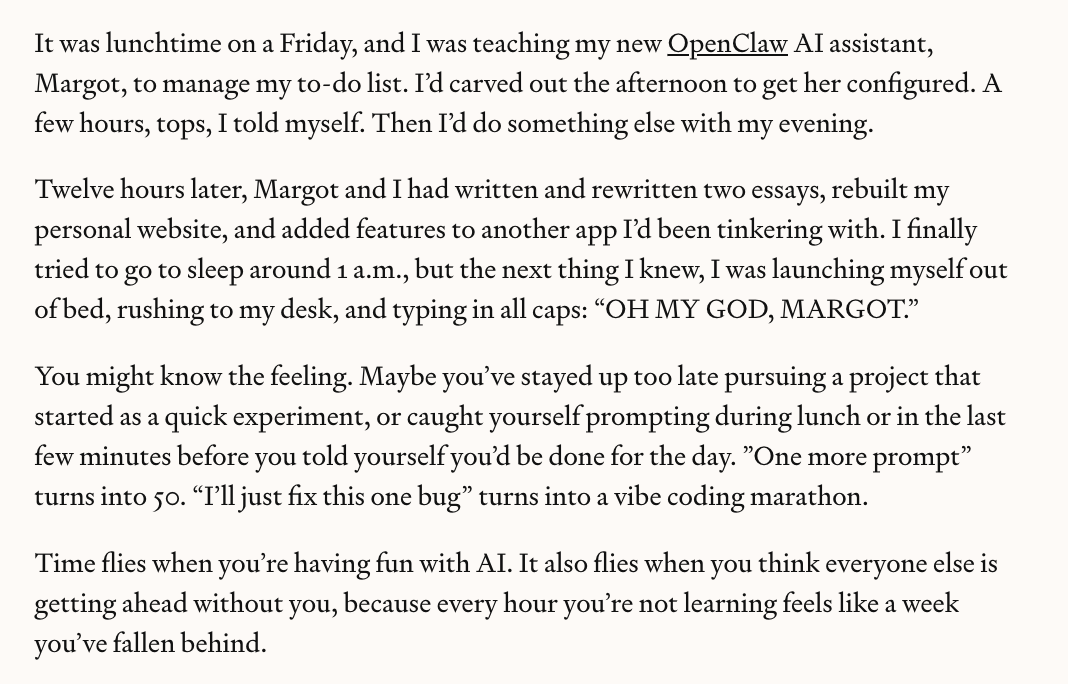 kplikethebird's tweet photo. Show of hands if you've ever given yourself "a couple hours" to do something with AI and looked up to find it was 1am 🙋‍♀️ 

I wanted to know what makes AI so darn hard to quit, so I had Margot dig up the latest research and wrote about it for @every https://t.co/Q4J6Je0AFX