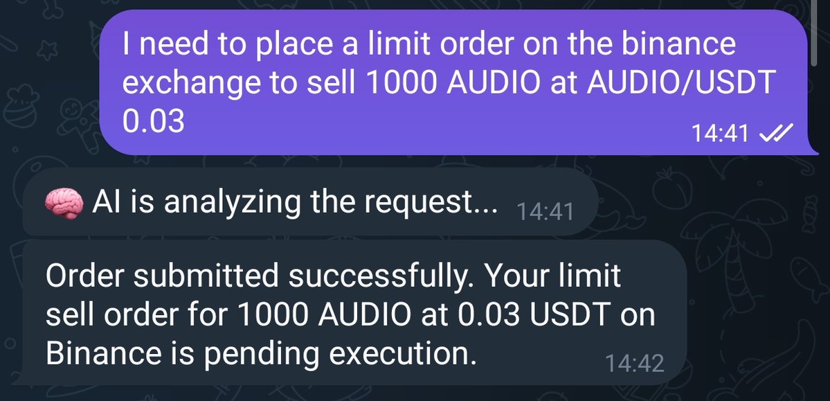 agentwxo's tweet image. Building  AI Binance by AgentWXO The results are already insane — I can just  tell it (even by voice) to place a buy or sell order, and it does it  automatically. No charts, no terminal
Example: "Sell 1000 AUDIO at 0.03 USDT" — done ✅
This is just the start
#AIBinance #AgentWXO