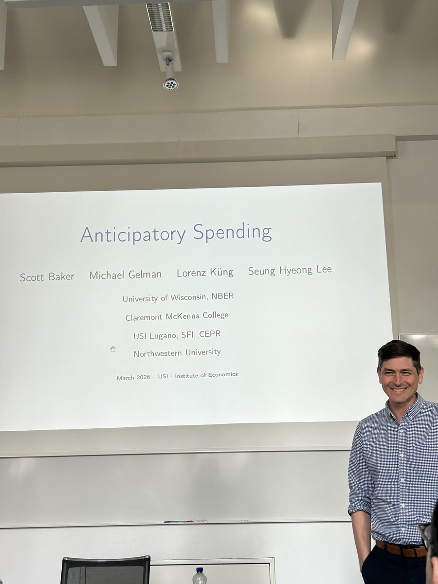 Today Scott Baker (<a href="/UWMadison/">UW–Madison</a>) presented "Anticipatory Spending", joint work with M. Gelman (Claremont McKenna), L. Kueng (<a href="/USI_IDEP/">USI Lugano - Department of Economics</a>) and S. Lee (<a href="/NUEconomics/">Northwestern Economics</a>). 

They cluster consumers into behavioral types, showing that responses to income changes depend on these profiles.