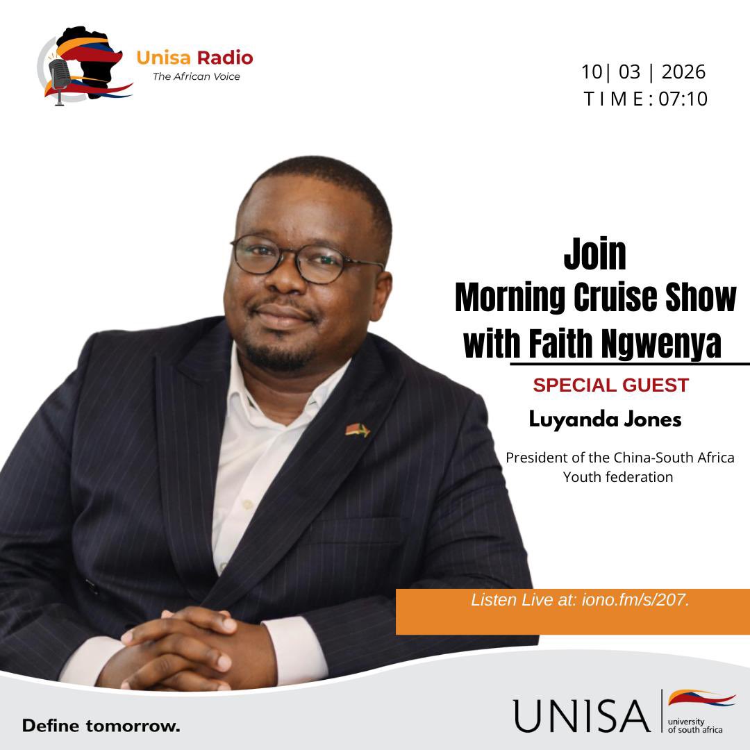 The President of the China–South Africa Youth Federation , will be LIVE on UNISA Radio, sharing perspectives on strengthening people-to-people relations between China and South Africa, as well as upcoming university visits. 
#ChinaSouthAfrica #PeopleToPeople #UNISARadio