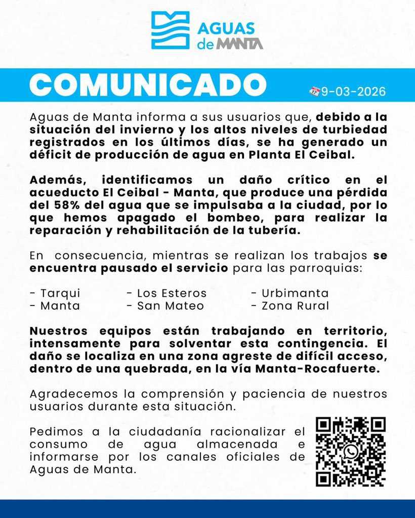 Debido a la fuerte temporada invernal y a un daño crítico en el acueducto El Ceibal – Manta, el servicio de agua potable se encuentra pausado en varios sectores de la ciudad. Mantente informado a través de nuestro canal oficial de WhatsApp whatsapp.com/channel/0029Va…. <a href="/manta_alcaldia/">Alcaldía de Manta</a>