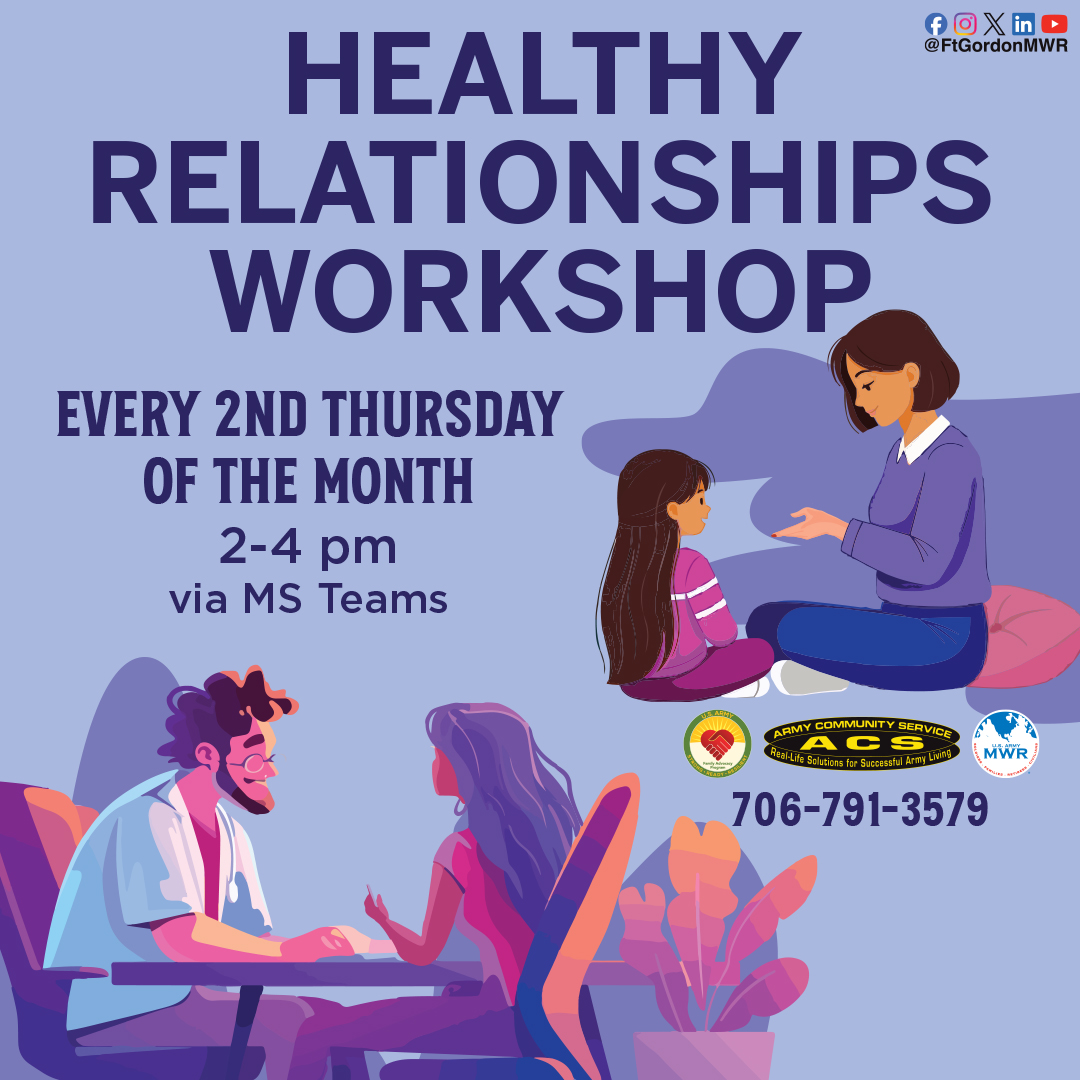 FtGordonMWR's tweet image. Missed yesterday's Healthy Relationship Workshop? Don't worry, their next one will be on April 9th!

Find out more about this workshop at gordon.armymwr.com/happenings/fa-…. 

#GordonMWR #GordonACS #HealthyRelationships