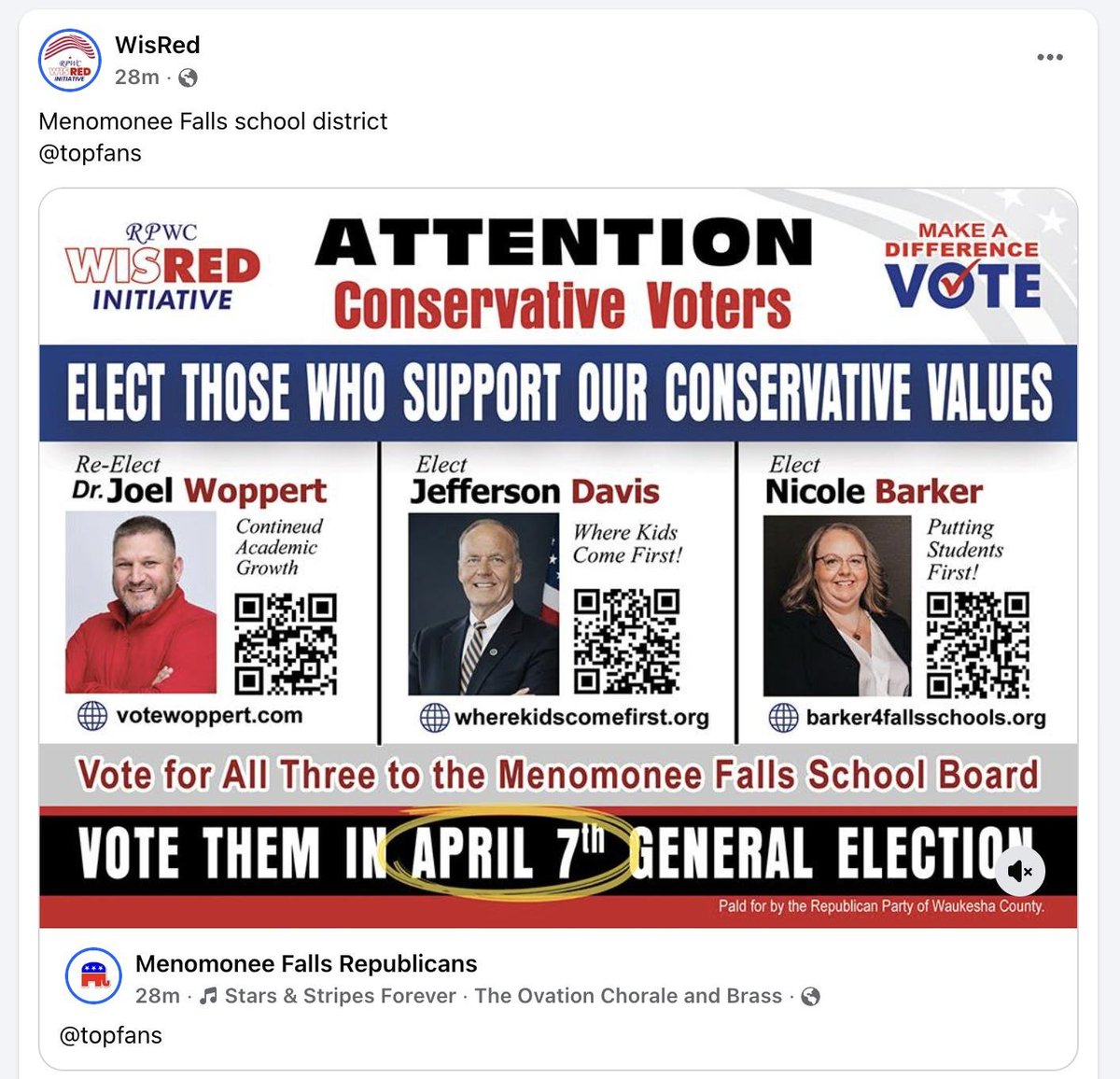 jnorcr's tweet photo. Even #The1776ProjectPAC won't go anywhere near Jefferson Davis in #MenomoneeFalls, #Wisconsin. 
#WISRED and the Republican Party of #Waukesha County are comfortable backing him, though. https://t.co/R0imsXJX3R