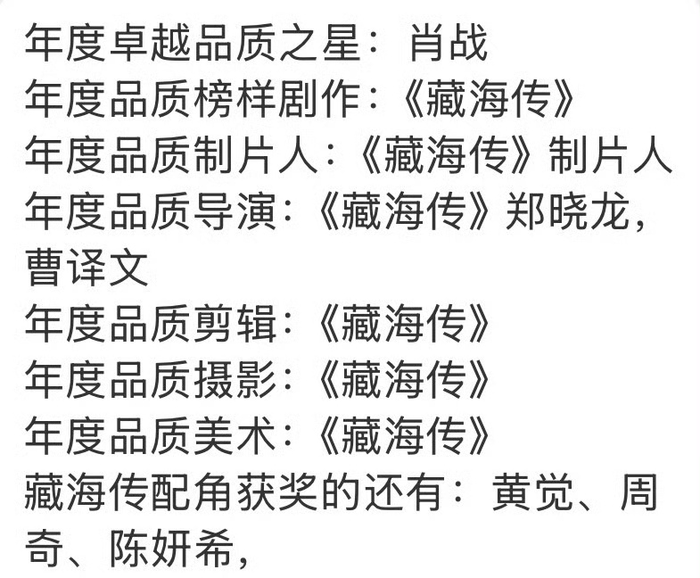 SMGตำนานจั้งไห่ได้รับรางวัล
-ภาพยนตร์ยอดเยี่ยมแห่งปี
-รางวัลนักแสดงชายคุณภาพโดดเด่นแห่งปี: #XiaoZhan 
-ผู้กำกับแห่งปี:เจิ้งเสี่ยวหลง เฉาอี้เหวิน
-นักแสดงสมทบยอดเยี่ยม:หวงจือ,โจวฉี,มิเชลเฉิน
-โปรดิวเซอร์แห่งปี
-ตัดต่อยอดเยี่ยมแห่งปี
-ภาพถ่ายคุณภาพแห่งปี
-กำกับศิลป์ยอดเยี่ยมแห่งปี