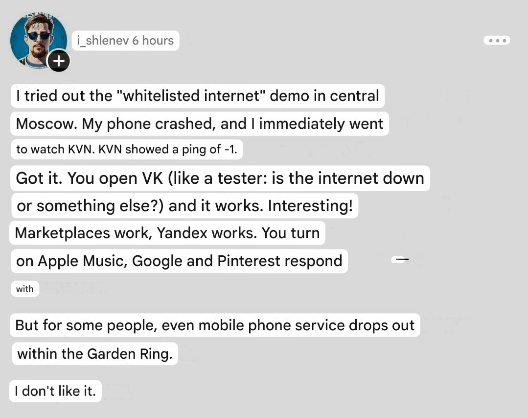Now without internet for 3 days, Moscow residents try to become accustomed to life without music and other perks of the modern era.

Messages flooding Russian social media today, as payment terminals no longer function and people worry that the government's shutdown is permanent.