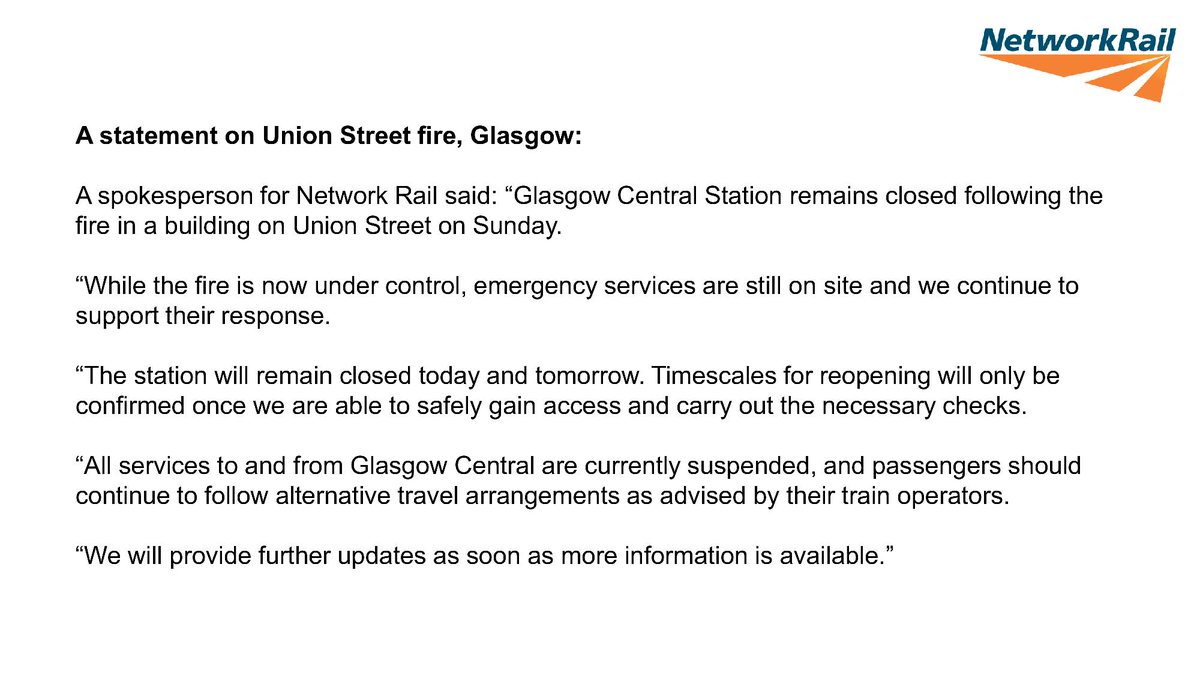 networkrail's tweet image. A statement on the fire on Union Street affecting Glasgow Central station.