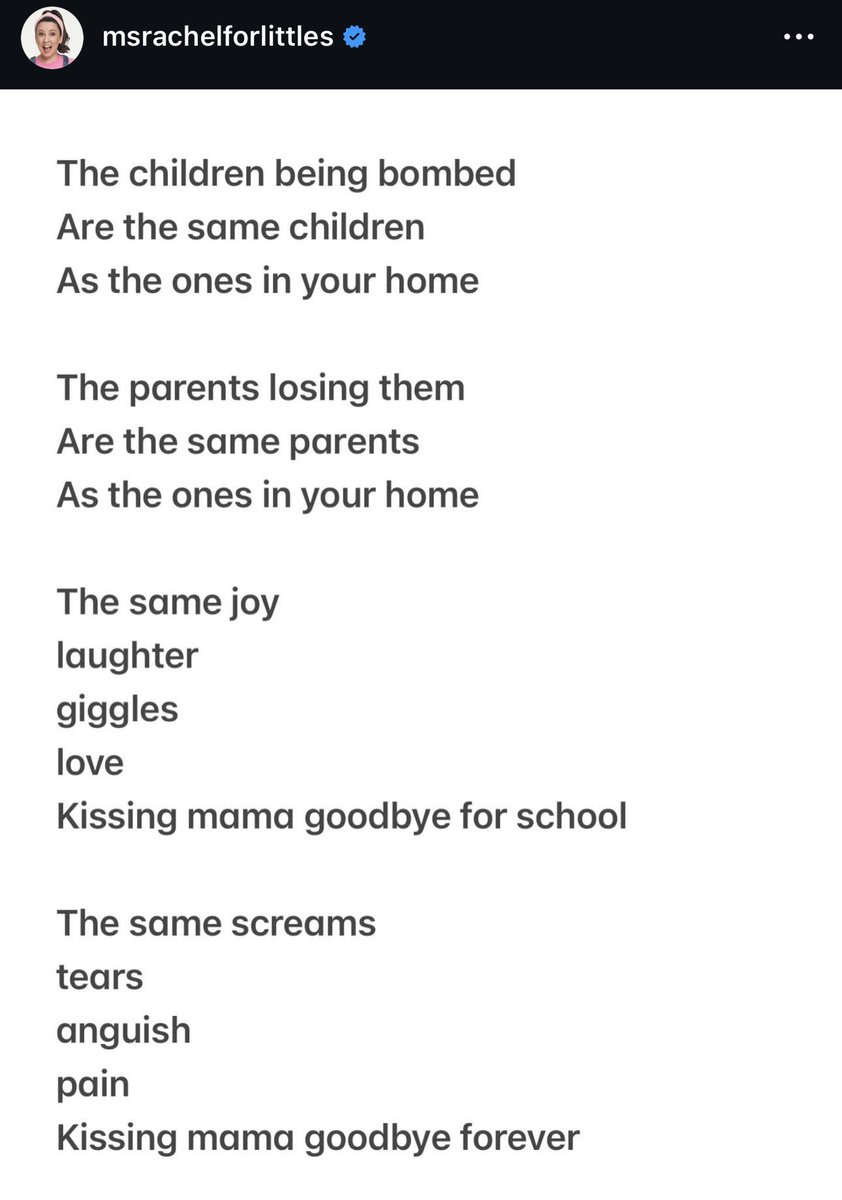 Ms Rachel: “The children being bombed are the same children as the ones in your home…Kissing mama goodbye for school… Kissing mama goodbye forever”

This is what moral clarity looks like.