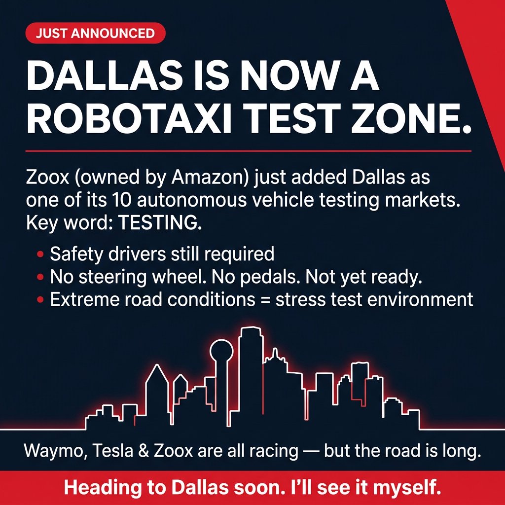 MenaBotrous11's tweet photo. Dallas is now a robotaxi testing ground.

@zoox  — owned by @Amazon — just expanded to Dallas &amp; Phoenix. That's 10 US markets total.

Key word: testing. 🧵 https://t.co/mfn49ZwfQq