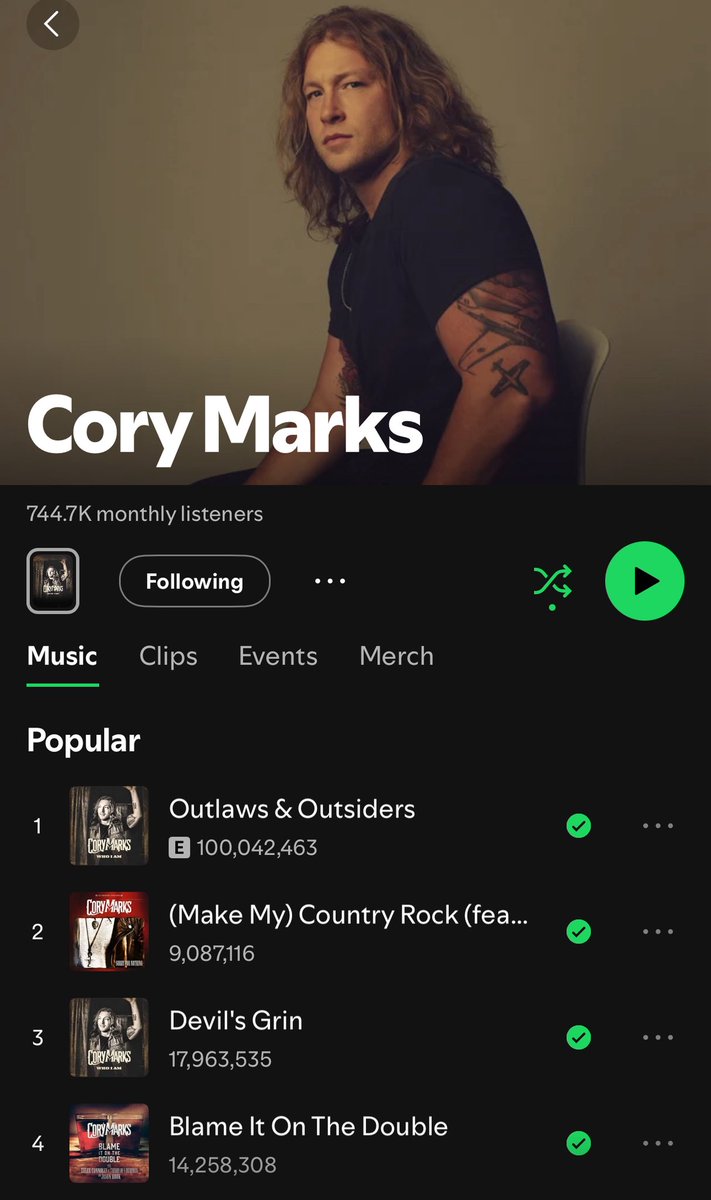 corymarksmusic's tweet photo. Thank you to everyone following and listening to my music and loving this song. #OutlawsAndOutsiders has now passed  100 MILLION streams on @spotify @spotifycanada (over 250M total). This is so crazy and cool!! To anyone out there new to me or my music, please have a listen! 🖤💚 https://t.co/1G9omQcGb1