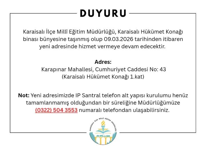 Karaisalı İlçe Milli Eğitim Müdürlüğü yeni Kaymakamlık binasına taşındı...

#Karaisalı #karaisalıkaymakamlığı #karaisalıilçemillieğitim