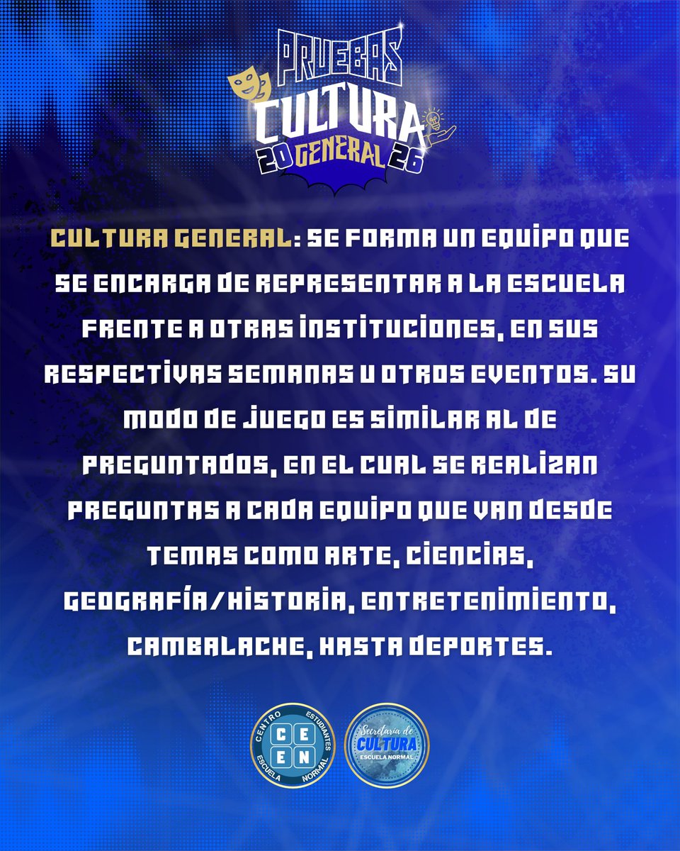 ceen_normal's tweet photo. PRUEBAS DE CULTURA GENERAL 2026🎭🎸📀💡
Cualquier duda comunicarse con los Secretarios de Cultura:
SANTI: +54 9 3812 08-2793
NACHO: +54 9 3816 27-9032
MIA: +54 9 3813 19-5575 https://t.co/Btf8JXuiUI