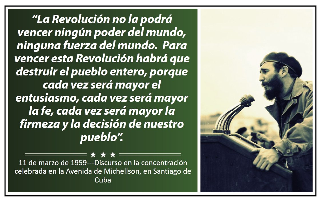 Discurso de #FidelCastro el 11 de marzo de 1959 bit.ly/2FjgYXL
“La Revolución no la podrá vencer ningún poder del mundo, ninguna fuerza del mundo.  Para vencer esta Revolución habrá que destruir el pueblo entero...”

fidelcastro.cu
#100AñosConFidel #Cuba