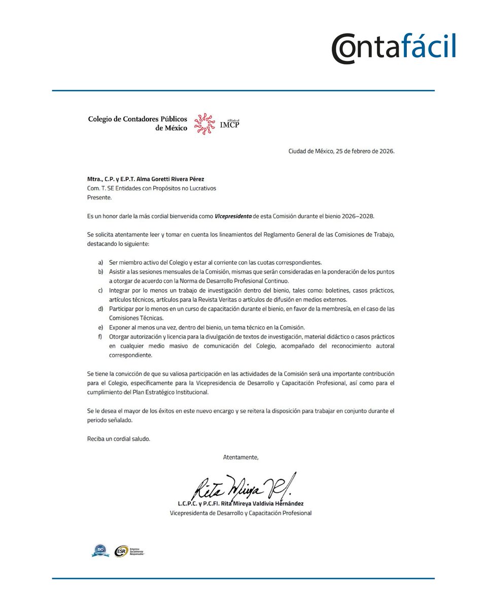Felicitamos a nuestra Asociada Alma G. Rivera en su nuevo nombramiento en el Colegio de Contadores Públicos de México, A.C.

Sabemos que se encuentra a la altura de los retos y compromisos que se derivan de esta nueva responsabilidad.