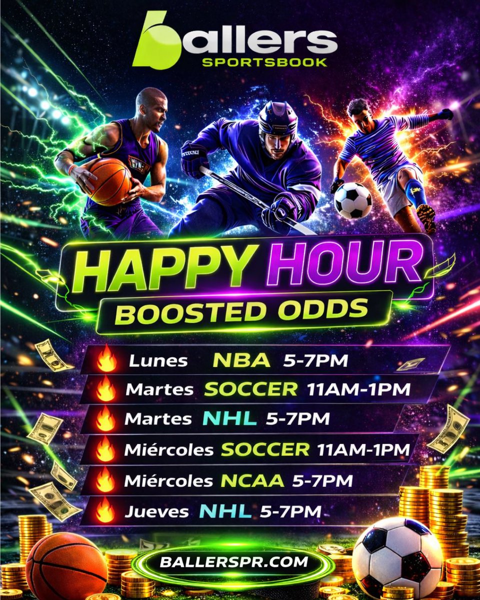 ballerspr_'s tweet image. 🤑 BOOSTHAPPYHOURS 🤑 Llévate un #PriceBoost en tus ligas favoritas 🚀 Esta semana hay Happy Hours de #NBA 🏀 #SOCCER ⚽️ #NCAA 🏀 y #NHL 🏒 Por 2 horas te vamos a “boostear” todos los odds de tus apuestas al basket colegial y NBA, al hockey y a todas las ligas de fútbol, en los