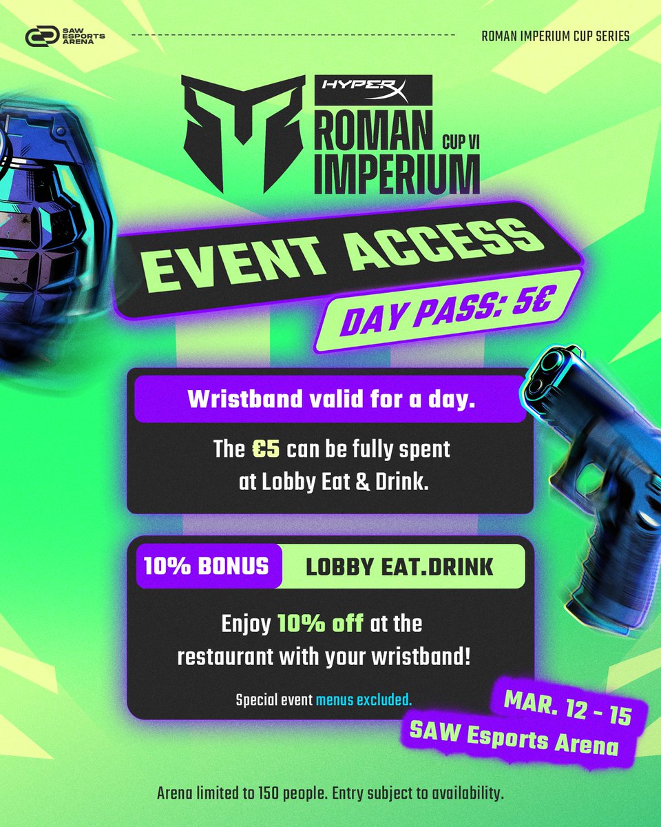 rmnimperiumcup's tweet photo. Event acess @HyperX Roman Imperium Cup VI !

• Visitors daily wristband cost €5 (includes €5 consumable credit).
• Wristbands must be purchased on-site each day.
• Visitor entry is through the Restaurant Lobby entrance.
• Please respect the entry procedures and staff instructions.

#RomanImperiumCup