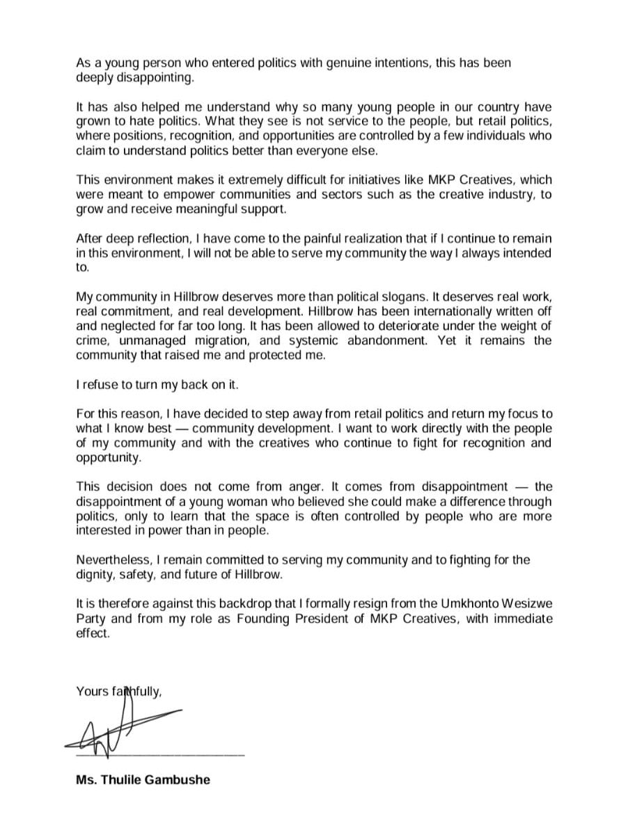 ThulileGambushe's tweet photo. Thulile Gambushe has resigned from Umkhonto Wesizwe with immediate effect. https://t.co/IZF1OyT56w
