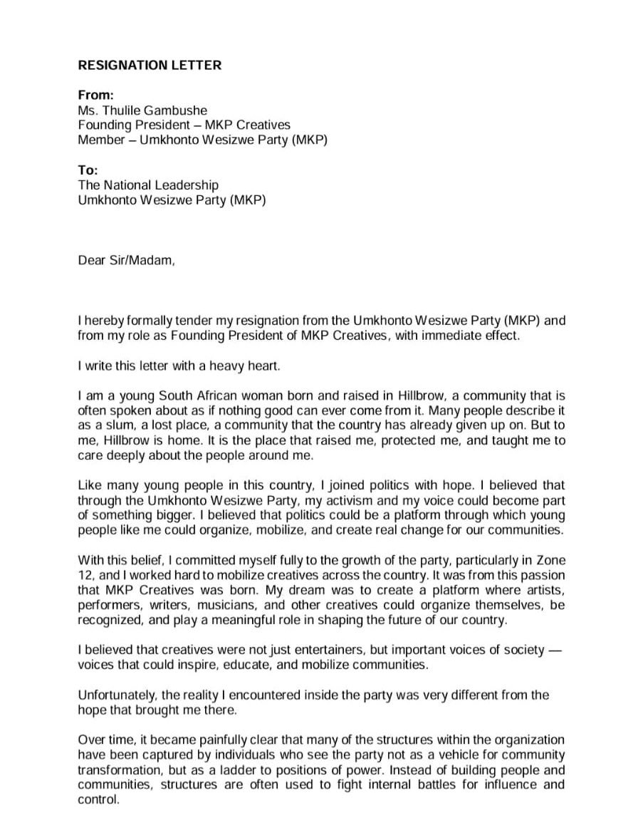 ThulileGambushe's tweet photo. Thulile Gambushe has resigned from Umkhonto Wesizwe with immediate effect. https://t.co/IZF1OyT56w