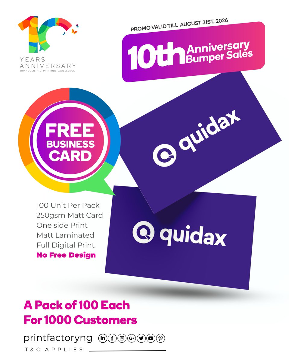 Printfactoryng's tweet image. Enjoy up to 10% OFF on selected print &amp;amp; branding solutions — from die-cut stickers, vehicle branding, eco gift sets, wall branding, business cards, branded apparels, exhibitions &amp;amp; displays, brochures &amp;amp; more.

📩 DM us to get started.

#AnniversaryBumperSale #Printfactoryng