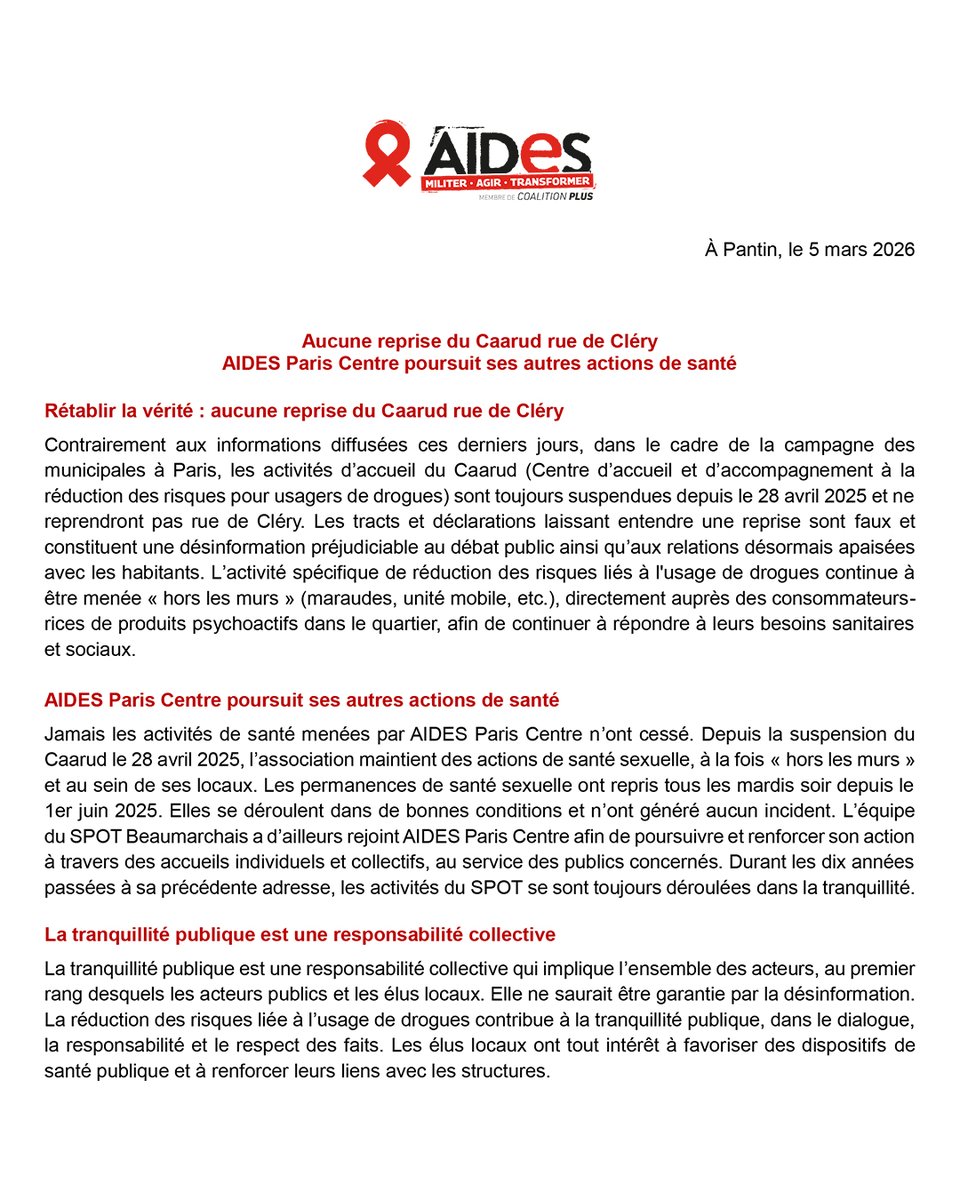 assoAIDES's tweet photo. 🔴 #MunicipalesParis : contrairement aux affirmations diffusées ces derniers jours, les activités du #CAARUD rue de Cléry sont toujours suspendues depuis le 28 avril 2025.

Les permanences de santé sexuelle, elles, ont repris dans les locaux le 1er juin 2025, sans aucun incident. https://t.co/Dm3TxYYcWZ
