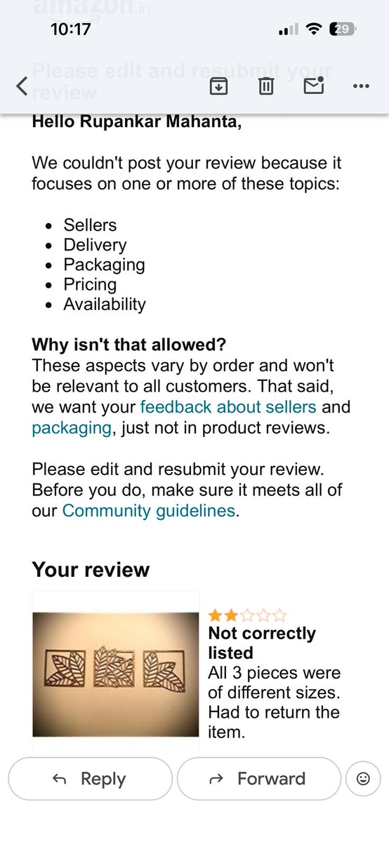 rups33's tweet image. A two liner honest review of a product I had to return as in listing all 3 items are supposed to be of same size. What was delivered was 3 items - all different sizes. But Amazon informed that saying such truth is not allowed. @amazonIN @ZeeNews @ABPNews #news #AmazonIndia