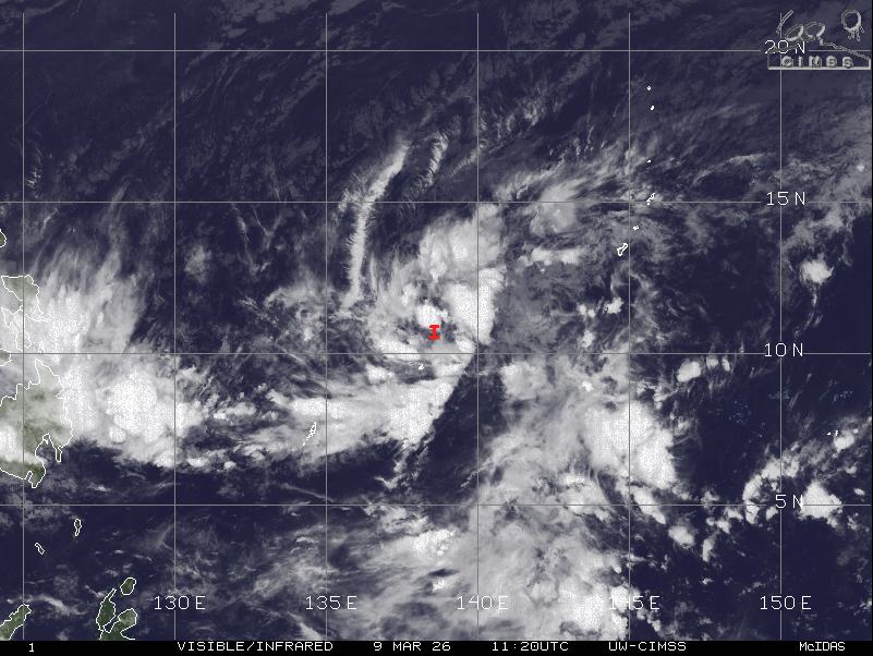 jnmet's tweet image. An area of low pressure near #Yap Island will remain slow-moving &amp;amp; can strengthen some over the next few days. Regardless, rounds of rain, some heavy, are expected from Yap Island, #Guam &amp;amp; the Northern Mariana Islands into Friday, local time.