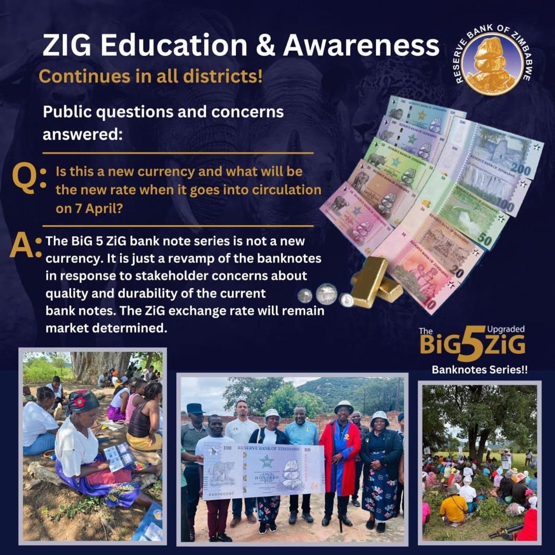 ReserveBankZIM's tweet image. The BiG 5 upgraded ZiG banknotes education and awareness campaign continues across all districts, with RBZ teams on the ground answering questions from the public.

#Stable #Secure #Sustainable