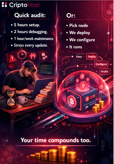 cripto_host's tweet photo. Quick audit:
5 hours setup
2 hours debugging
1 hour/week maintenance
Stress every update
Or:
Pick node
We deploy
We configure
It runs
Your time compounds too.
→ https://t.co/zuMHPuEklJ https://t.co/WzT0rlxPfh