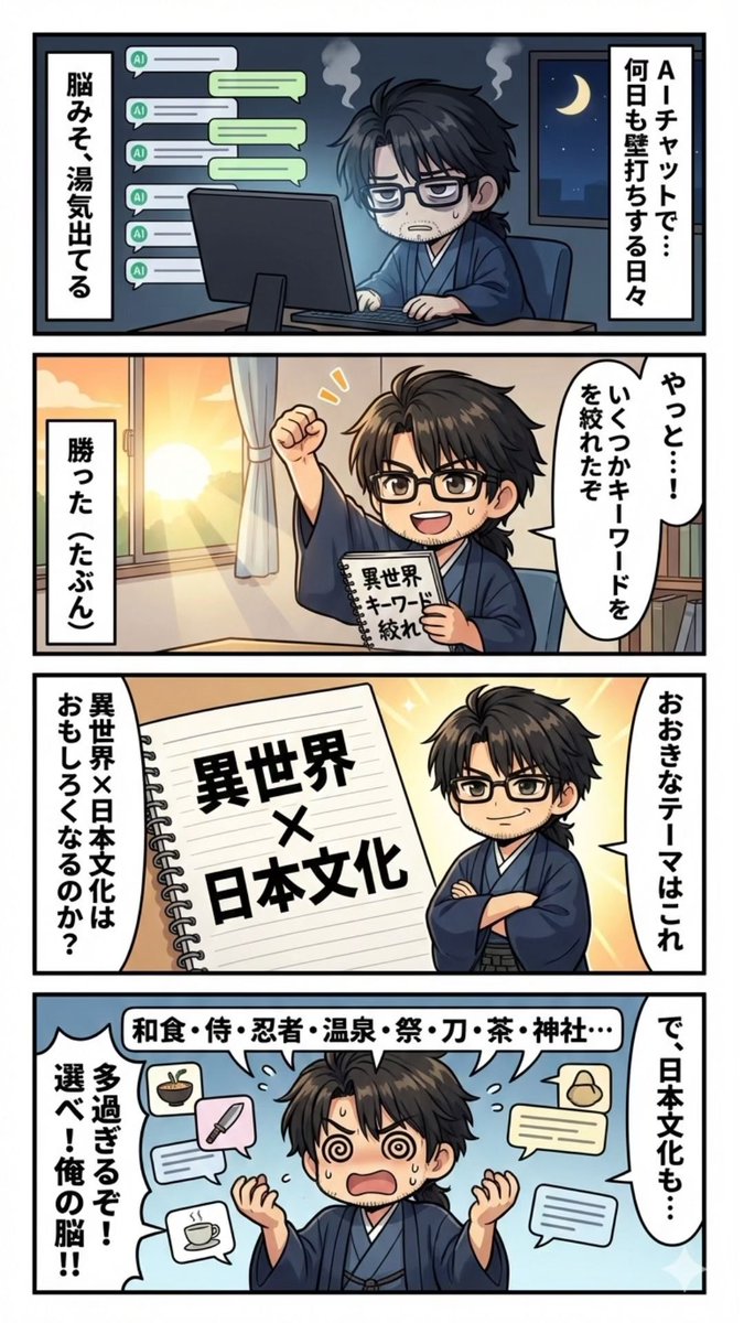 AIチャットで
異世界ネタを壁打ちする日々。

そして気づいた。

「異世界×日本文化」
これ、絶対おもしろくなる。

でも日本文化、多すぎる問題勃発。

#創作漫画
#漫画が読めるハッシュタグ
