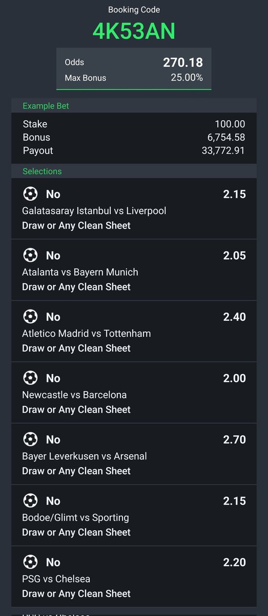 UEFA CHAMPIONS LEAGUE PICKS

Galatasaray 🇹🇷 1-2 🏴󠁧󠁢󠁥󠁮󠁧󠁿 Liverpool 

Atalanta 🇮🇹 1-3 🇩🇪 Bayern Munich

Atletico 🇪🇸 2-1 🏴󠁧󠁢󠁥󠁮󠁧󠁿 Tottenham

Newcastle 🏴󠁧󠁢󠁥󠁮󠁧󠁿 1-3 🇪🇸 Barcelona 

Leverkusen 🇩🇪 1-3 🏴󠁧󠁢󠁥󠁮󠁧󠁿 Arsenal

Bodo/Glimt 🇳🇴 1-1 🇵🇹 Sporting CP 

PSG 🇫🇷 2-1 🏴󠁧󠁢󠁥󠁮󠁧󠁿 Chelsea

Real Madrid 🇪🇸 2-2 🏴󠁧󠁢󠁥󠁮󠁧󠁿 Man City