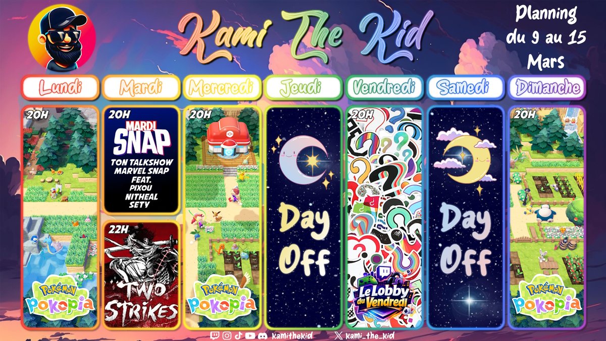 Kami_The_Kid's tweet photo. Voici le planning de la semaine 🥳

Direction la 3e zone sur #PokemonPokopia ✨

Découverte de #TwoStrikes 🥷

Le Lobby du Vendredi en mode mystère🙃

Et comme chaque semaine, le talk #MardiSnap 😁

⬇️⬇️⬇️
https://t.co/A7xMdbTTGp https://t.co/Q5X74eR0Z4