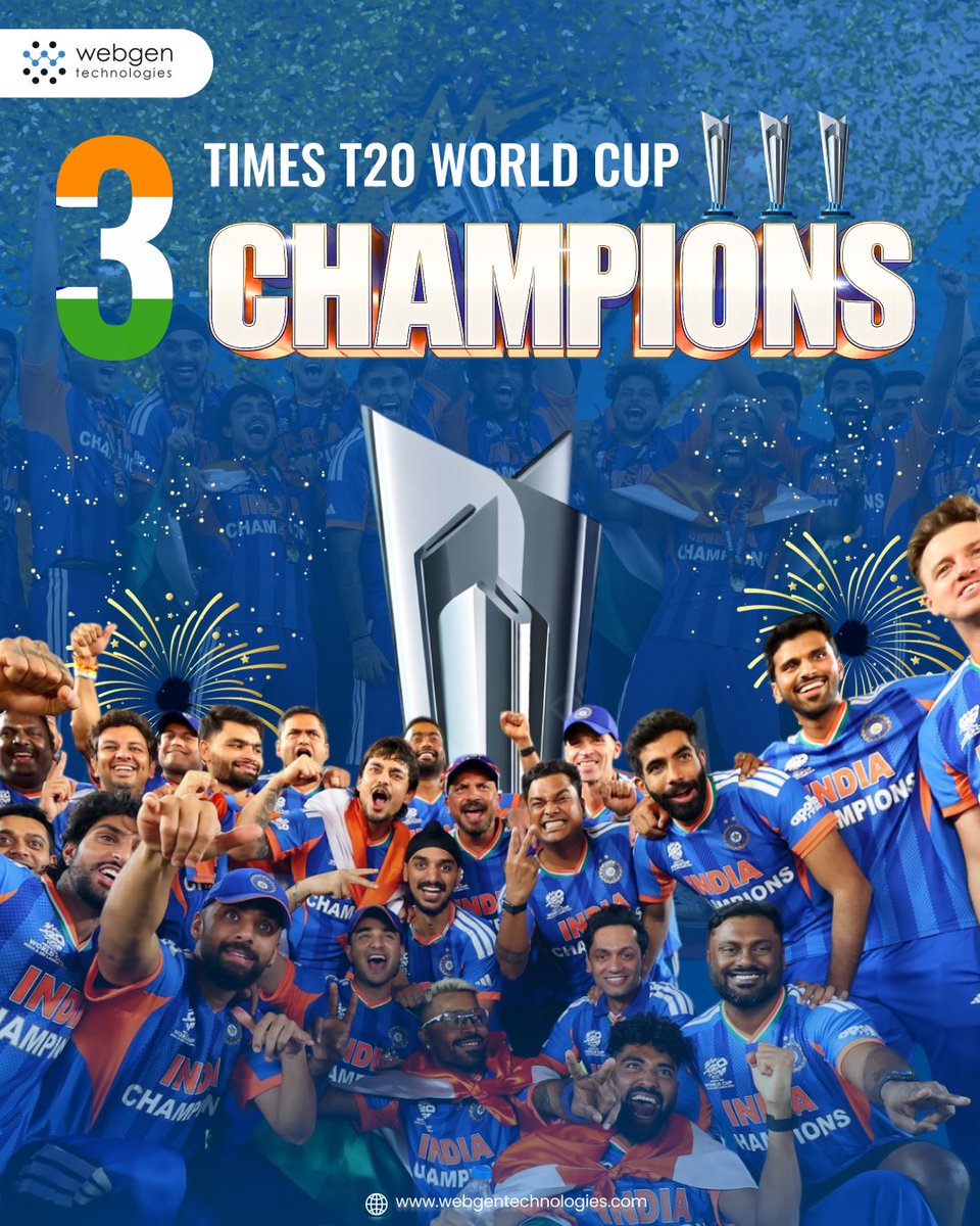 Webgentweet's tweet photo. The winning fever is STILL ON!! 🔥

History has been written again as Team India lifts the ICC Men’s T20 World Cup 2026, marking their third title after 2007 and 2024. 🏆🇮🇳

Congratulations Champions for this incredible achievement! 💙

#WebgenTechnologies #MenInBlue #T20WorldCup https://t.co/g6DQUgB8EO