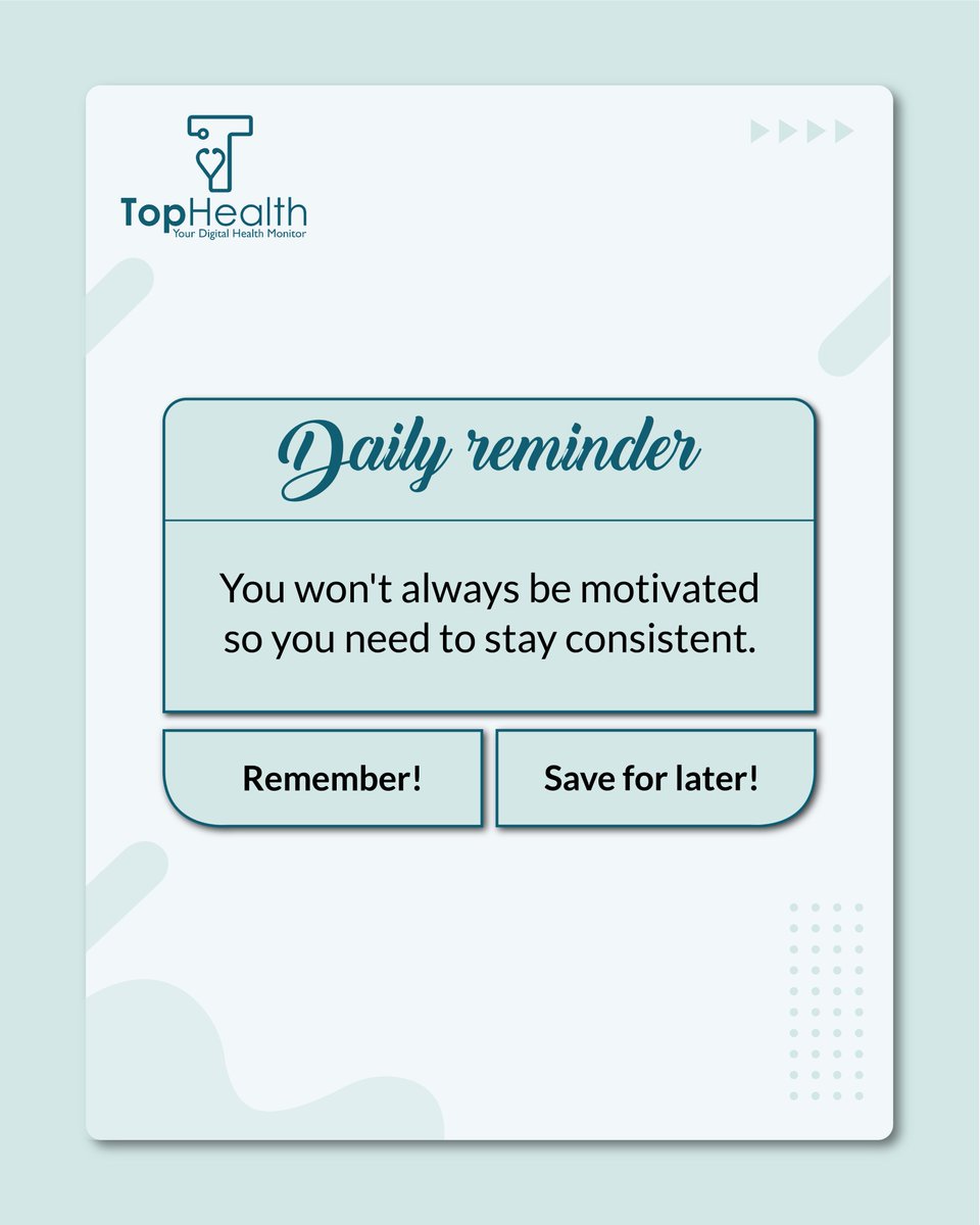 TopHealthApp's tweet photo. Some days you’ll feel motivated.
Other days you’ll rely on discipline.
That’s where consistency matters, and Top Health App helps you build it by tracking your health and supporting your daily habits.
#ConsistencyWins #MotivationDaily #HealthyLife #ProductivityTips #TopHealthapp https://t.co/DwvTwtXTwB