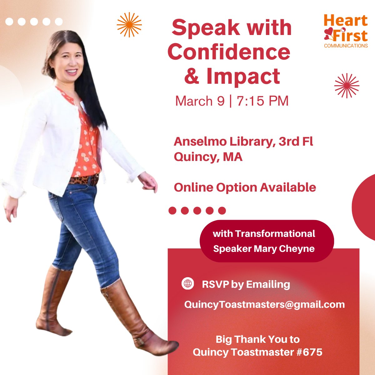 Tonight, join us in person at Quincy College or tune in via Zoom to learn how to lead with empathy, not ego.

✨ Event Starts: 7:15pm
📍 Location: Quincy College Anselmo Library, 3rd Floor (1250 Hancock Street)
🔗 RSVP by emailing QuincyToastmasters@gmail.com