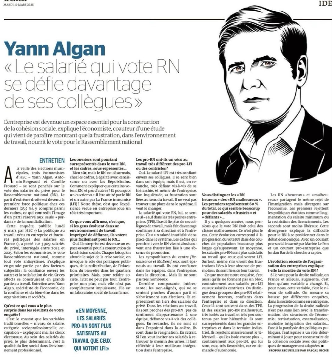 Selon Yann Algan, Antonin Bergeaud et Camille Frouard, le vote RN monte en raison de l’augmentation de la solitude causée par les politiques néolibérales (qui précarisent en accroissant la concurrence). C’est-à-dire exactement les politiques qu’ils continuent de proposer. 🙃