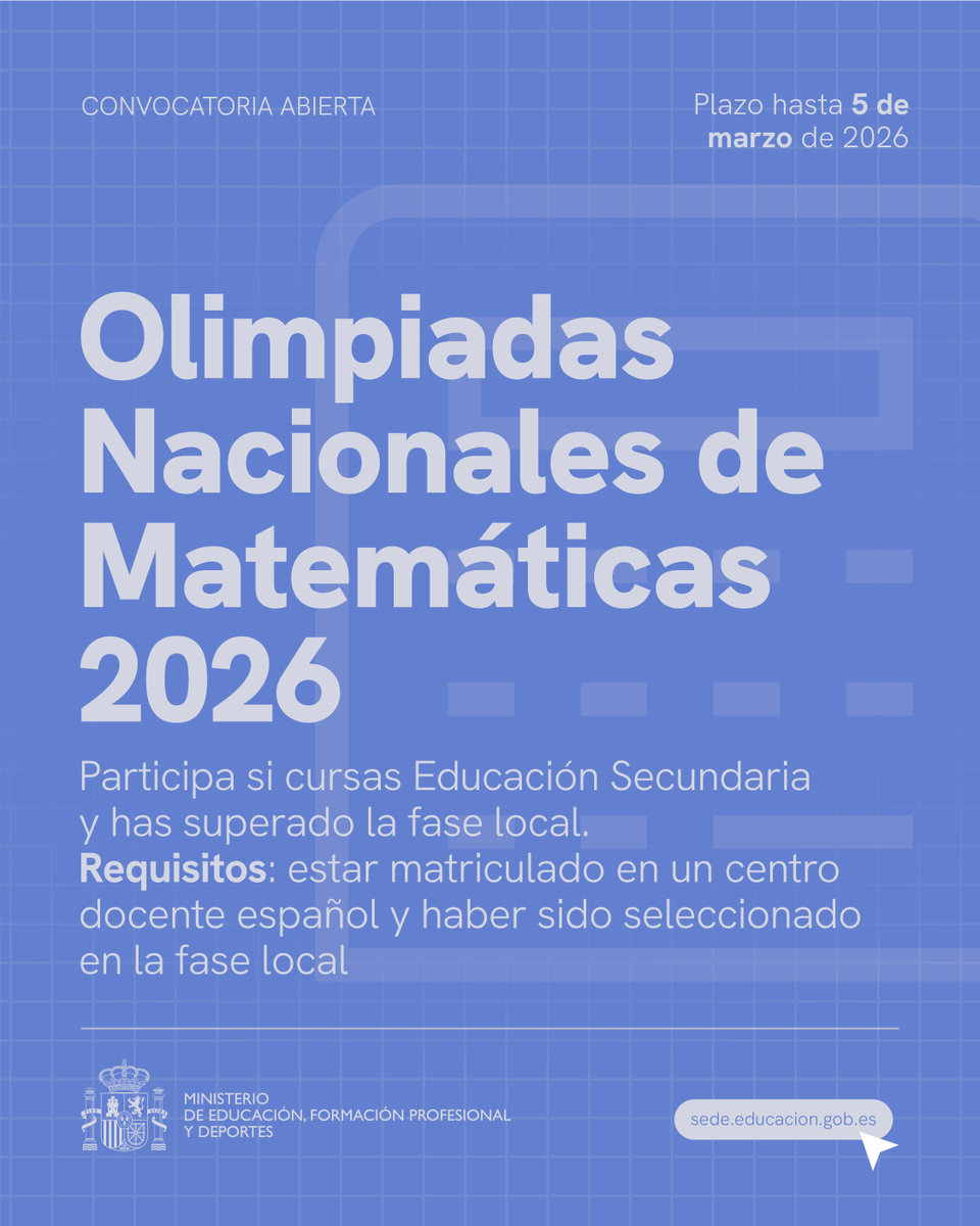 educaciongob's tweet image. ⚡🌍 ¡Abierta la convocatoria para las #OlimpiadasNacionalesDeFísica 2026!

🔹 Dirigido a estudiantes de Secundaria.
🔹 Inscripciones hasta 27 de marzo.
🔹 Premios en metálico y más.

Detalles e inscripción aquí: f.mtr.cool/ozesjhhokc

#Física #Educación #TalentoJoven