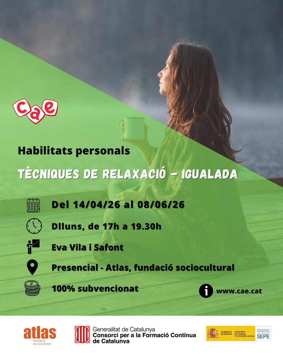 Ganes de tenir moments per a tu? Aquest és el teu curs, vine a aprendre tècniques de relaxació a #ATLAS els dilluns a la tarda! Curs subvencionat!