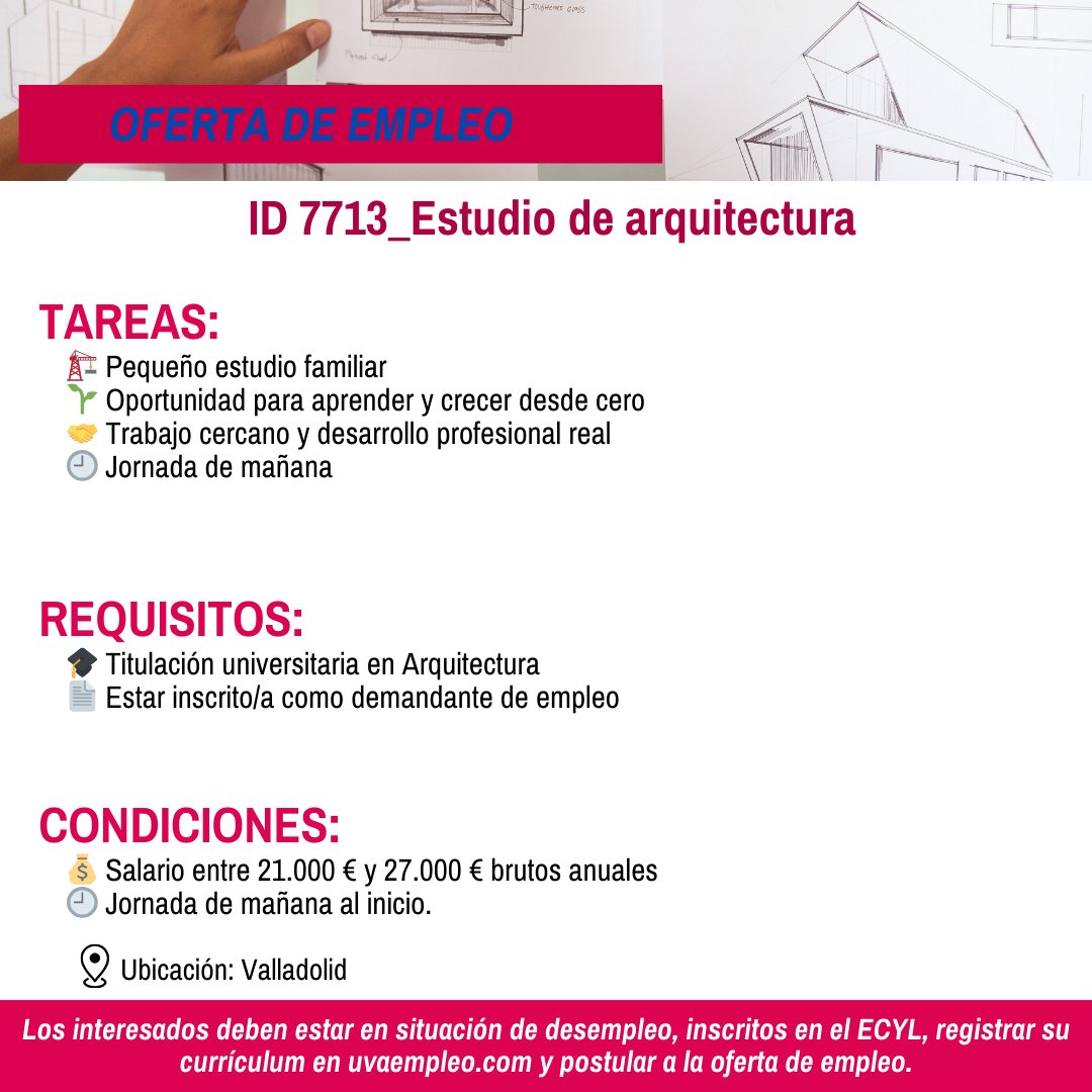 Oferta de empleo | Arquitectura | Valladolid
Buscamos Arquitecto/a para incorporarse con contrato laboral a un estudio de arquitectura en Valladolid.

Y si no eres tú, compártelo con alguien a quien pueda interesarle 👇

#Incofi #Arquitectura #Valladolid #OfertaDeEmpleo