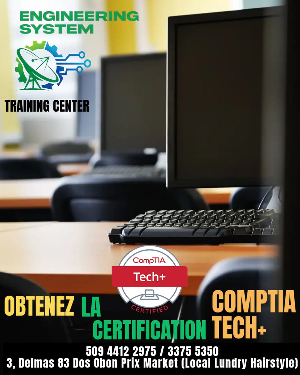 theleuskendy's tweet image. Deviens certifié CompTIA Tech+ !
Lance ta carrière en IT avec une formation pratique et professionnelle avec ENGINEERING SYSTEM TRAINING CENTER 
📍 Delmas 83
📞 509 4412 2975 / 3375 5350
🔥 Inscris-toi maintenant !
#CompTIA #TechPlus #Certification #IT #HaitiTech