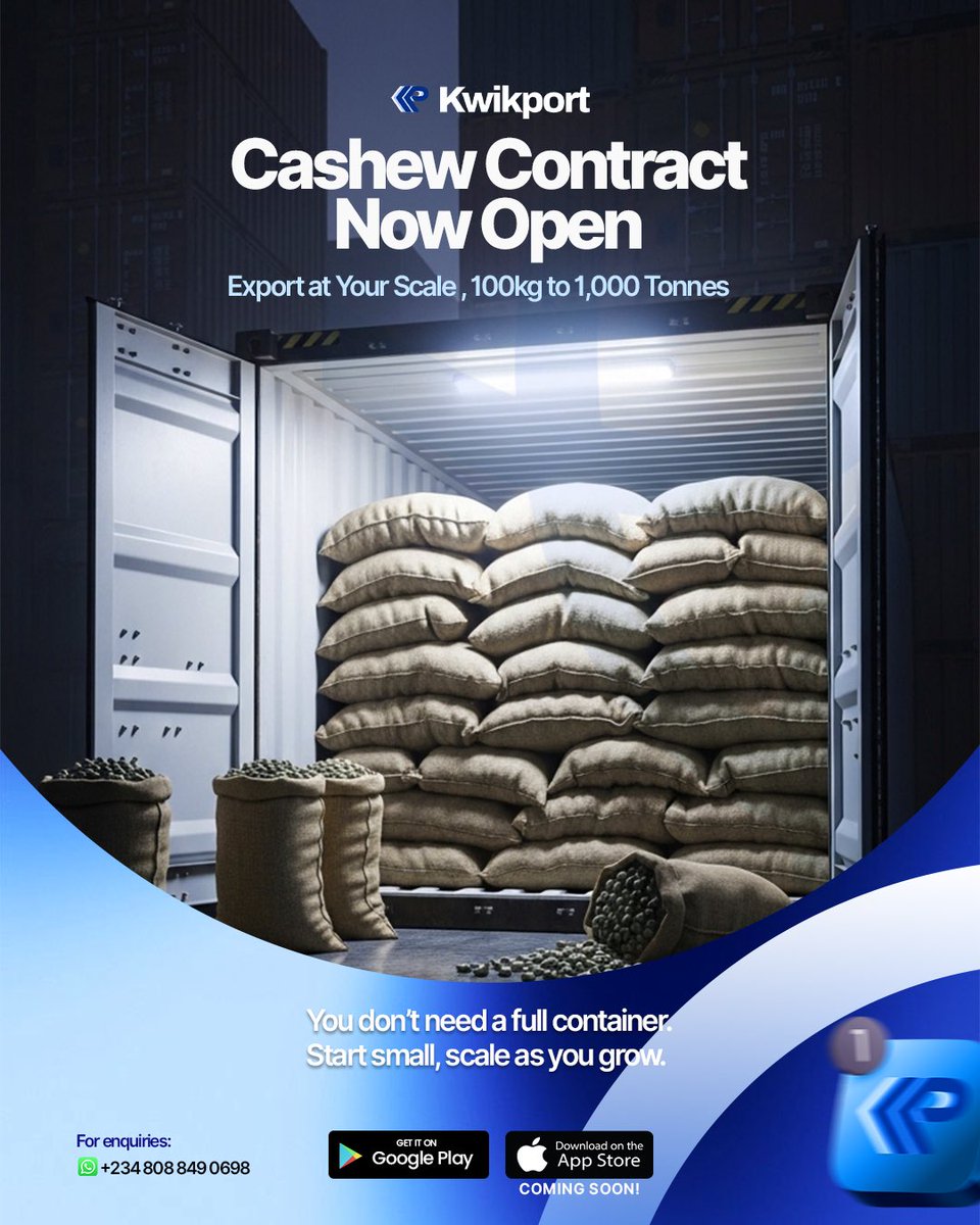 Kwikport_'s tweet photo. Export cashews with ease!
Start from 100kg and scale up to 1,000 tonnes with flexible contracts on Kwikport.
#kwikportexport #exportnigeria #export #fyp #viral https://t.co/yIwVFa4Iz2