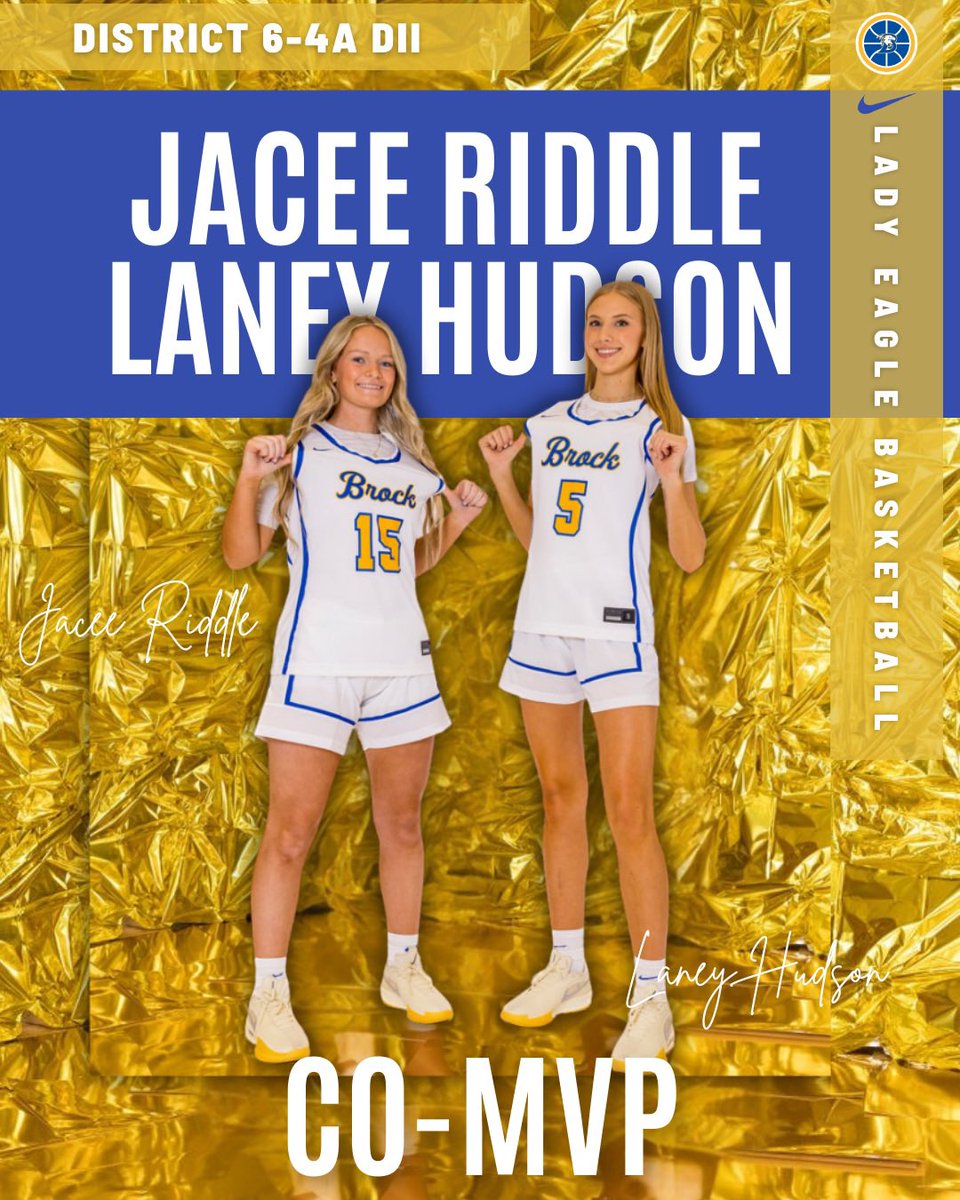 BROCKTXGBBALL's tweet photo. Congratulations to Jacee Riddle and Laney Hudson for being chosen as District 6-4A’s Co-MVP!  
#247to9 | @BrockAthletics https://t.co/swxH4aTj6q