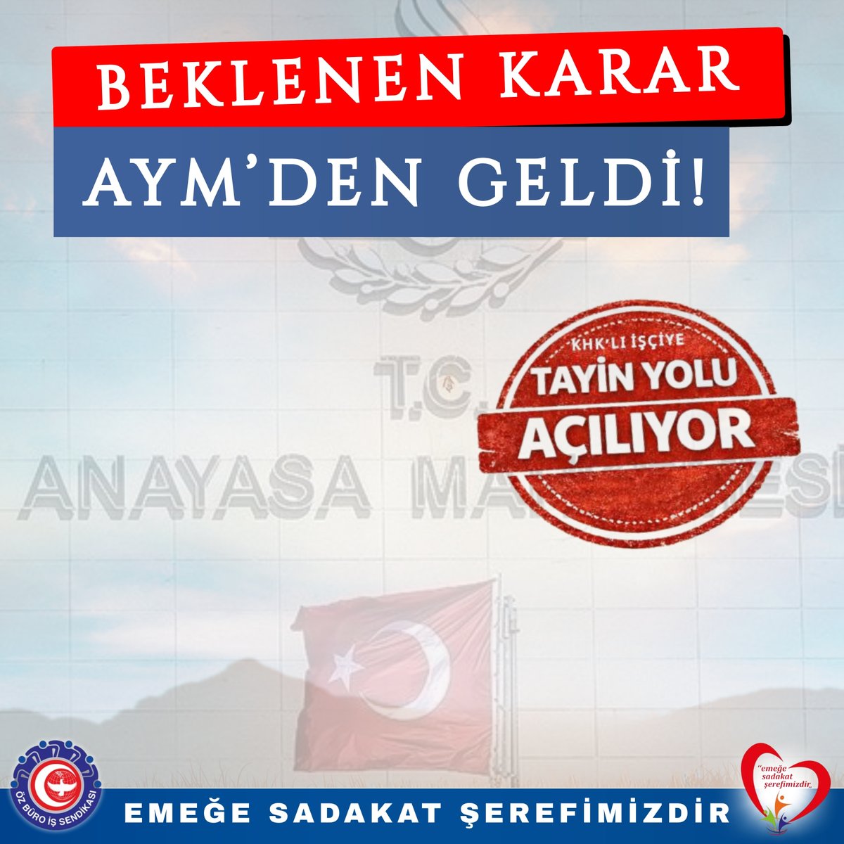 ozburois's tweet photo. BEKLENEN KARAR AYM’DEN GELDİ
TAYİN YASAĞINI AYM İPTAL ETTİ

2018 yılında kadroya geçen üyelerimizin, çalıştıkları teşkilat ve birim dışındaki iş yerlerine tayin olmalarının önündeki engel, Anayasa Mahkemesi tarafından verilen karar ile kalkmış ve ilgili hükmün iptaline karar verilmiştir.

696 sayılı KHK ile 375 Sayılı KHK’ya eklenen Geçici 23. Madde’nin tayin engeline sebebiyet veren ilgili hükmü, Anayasa Mahkemesi’nin 26.11.2025 tarih ve 2025/100 E.- 2025/242 K. sayılı kararı ile iptal edilmiştir. AYM İPTAL kararı, 9 Mart 2026 tarihinde Resmi Gazetede yayımlanmış olup bu iptal hükmü 9 ay sonra yürürlüğe girecektir. AYM tarafından verilen İPTAL kararı doğrultusunda 9 aylık süre beklenilmeden TBMM tarafından düzenleme yapılması da elbette mümkündür.

Öz Büro İş Sendikası olarak üyelerimizin tayin hakkı, meslek kodu ve vergi yükü olmak üzere birçok problemini her platformda dile getirmekteyiz. Tayin hakkının engeline ilişkin hükmün Anayasa Mahkemesi tarafından Yargıtay 9. Hukuk Dairesi’nin başvurusu üzerine iptal edilmesini, gecikmeli de olsa bu karar ile adaletin tecelli etmesini memnuniyetle karşılıyoruz. Bu karar, herhangi bir sendikanın tek başına sahiplenebileceği bir karar değildir.

AYM tarafından verilen iptal kararı tüm kamu işçilerini kapsamaktadır. Öz Büro İş Sendikası olarak 9 aylık süre beklenmeksizin üyelerimizin tayin işlemlerini yapabilmeleri adına bakanlıklar ve ilgili kurumlar nezdinde gerekli girişimlerde bulunacağız. Tüm üyelerimize hayırlı olsun.

#özbüroi̇şsendikası
#emeğesadakatşerefimizdir