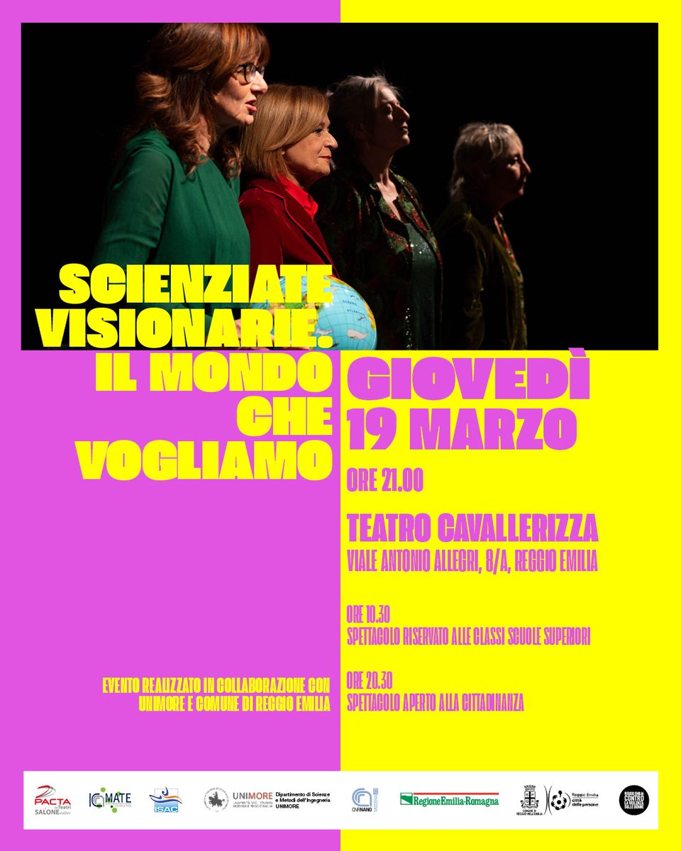 🎭🔬 Scienziate Visionarie. Il mondo che vogliamo

In teatro le storie di Donella Meadows e Alice Hamilton: due scienziate che hanno cambiato il modo di pensare ambiente, salute e futuro.

📍19 marzo I 20:30 I Reggio Emilia · Teatro Cavallerizza

#donnenellascienza #8marzo