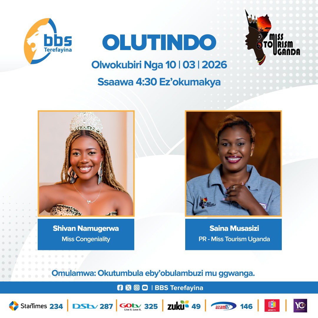 misstourismUga's tweet photo. Stay tuned to @bbstvug to hear the plans for #MissTourismUganda and the achievements thus far., as we launch the new season on 16th March!
#iammyculture
@shivannamugerwa @MTWAUganda @mugarra @liberty_uganda @misstourbuganda @TourismBoardUg @JulzKagwa @SupaloafUGoffcl @TourBugandaUG @NajibSsekikubo @StarTimesUganda @AzamtvUganda @DStvUganda