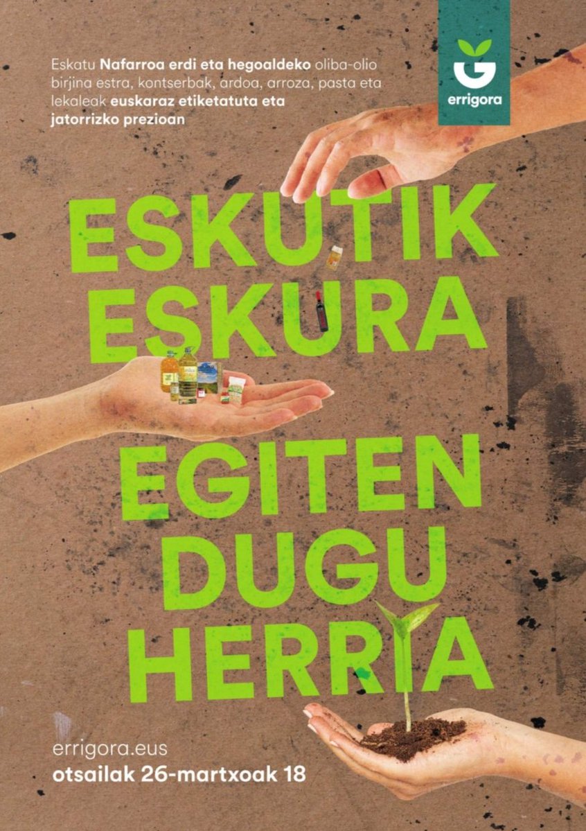 Errigoraren Eskutik Eskura kanpaina abian da! Ez utzi *oliba-olioa, kontserbak, ardoak, arroza, pasta, lekaleak... jatorrizko prezioan eta euskaraz etiketatuta* jasotzeko aukera pasatzen!

📅 Martxoak 18ra arte soilik!
ℹ️🛒 errigora.eus

🫑🫘🍷🫒🍅🥫

#EskutikEskura