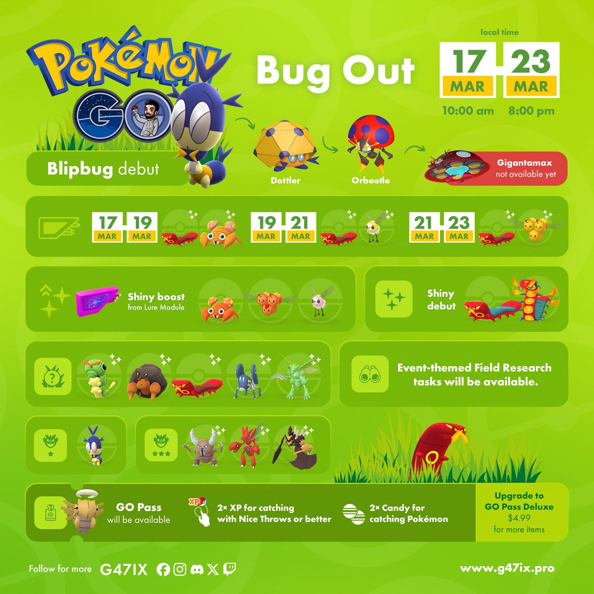 🐛 Bug Out is coming to Pokémon GO!
🆕 Blipbug debuts
✨ Shiny Sizzlipede debuts
🧲 Lure Modules boost Shiny odds for Paras, Combee, and Cutiefly

#PokemonGO