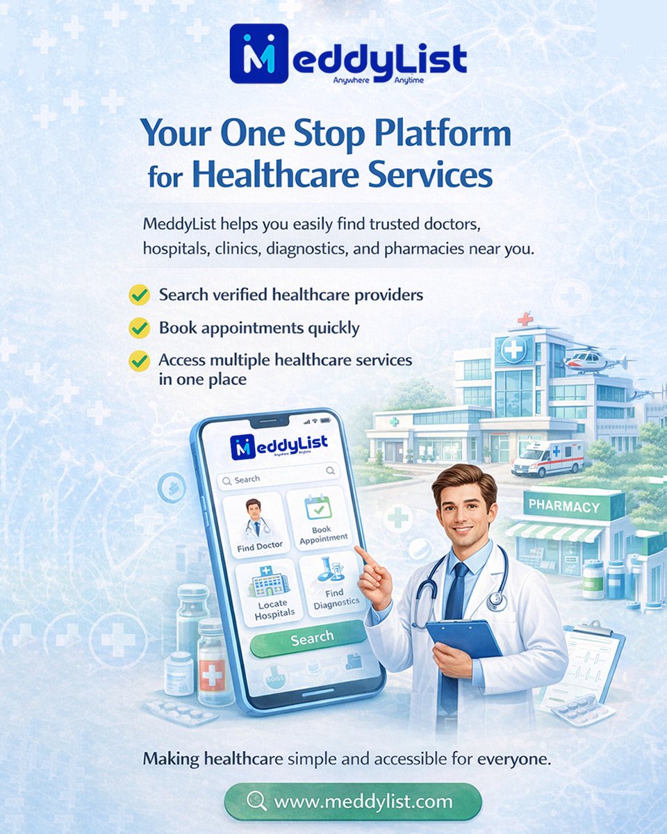 Meddylist6's tweet image. Your one-stop healthcare platform. Find trusted doctors, hospitals, clinics, diagnostics, and pharmacies near you. Book appointments easily with MeddyList. Visit meddylist.com
 today.

#HealthcarePlatform #FindDoctors #BookAppointments #OnlineHealthcare #MedicalServices